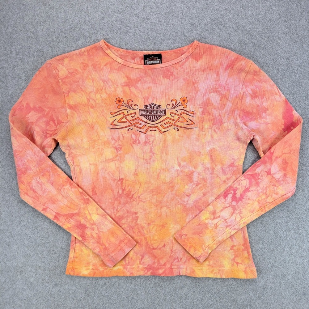 Harley-Davidson Long Sleeve Shirt Womens Small Orange Tie Dye Y2K Tribal Logo